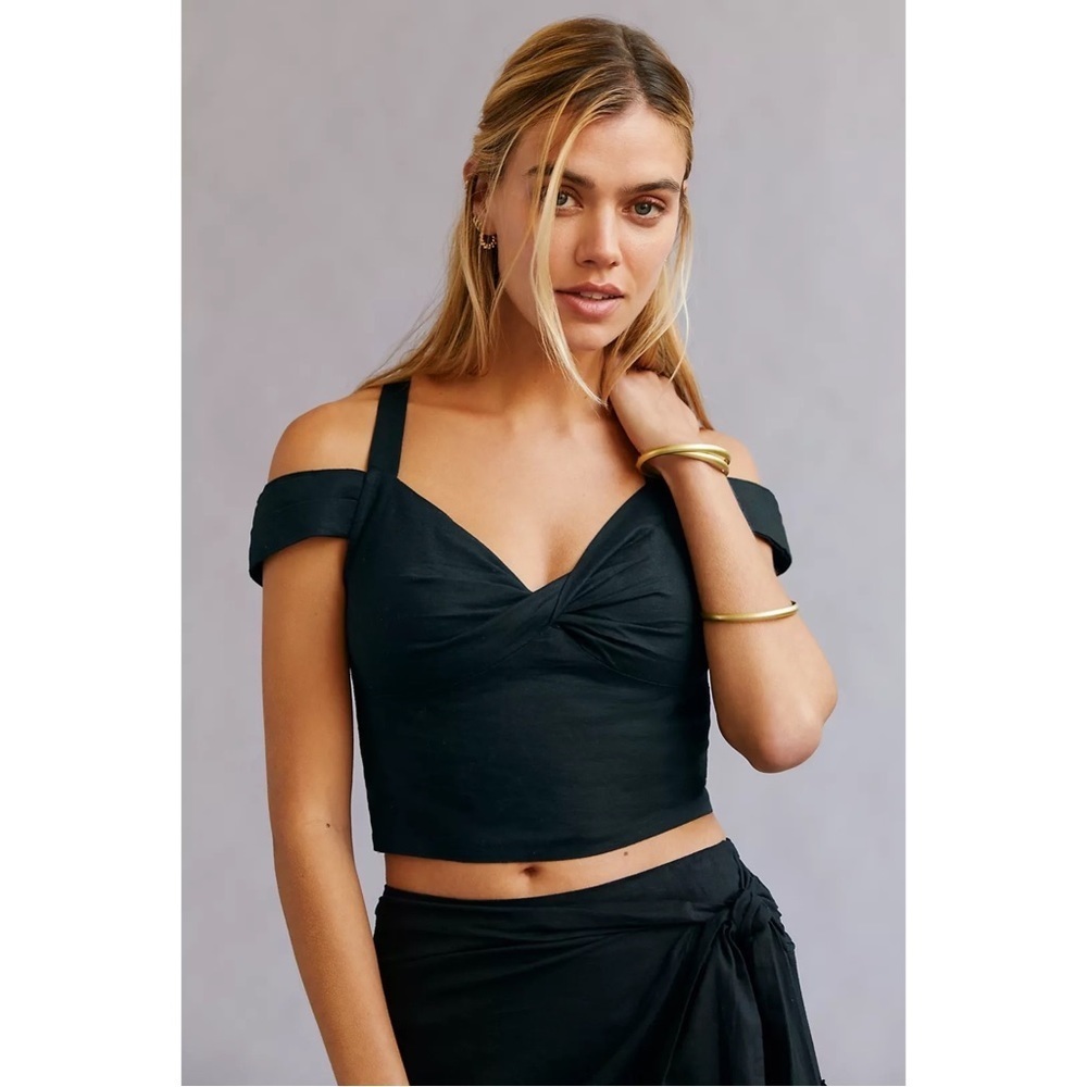 Anthropologie Maeve Black Off Shoulder Twist Crop Top Smocked Small NWT - Picture 6 of 7